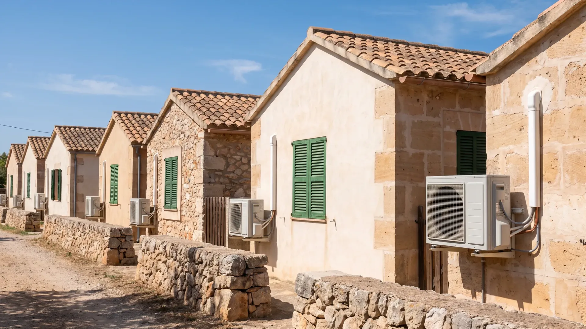 A row of small stone houses along a track, each with its own condenser on the flank wall