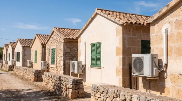 A row of small stone houses along a track, each with its own condenser on the flank wall