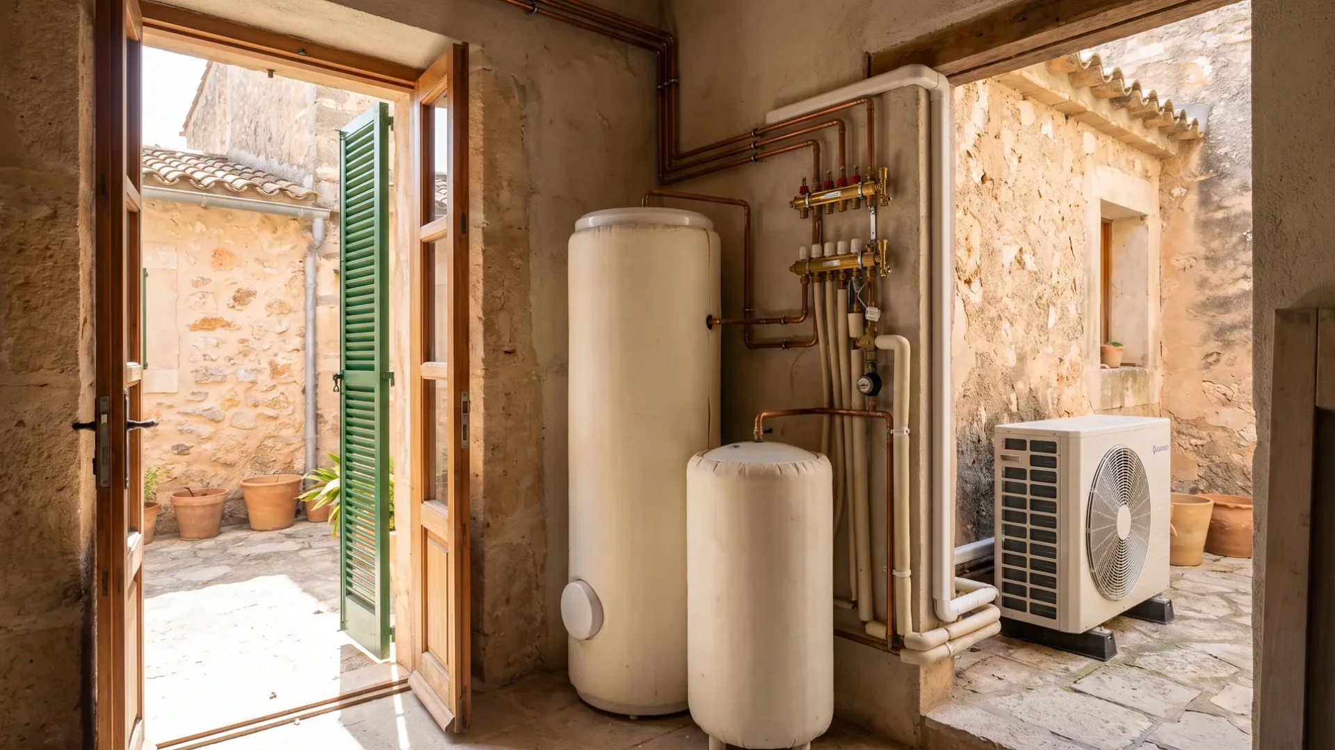 A cylinder, buffer vessel and manifold in a small plant room, a condenser through the opening