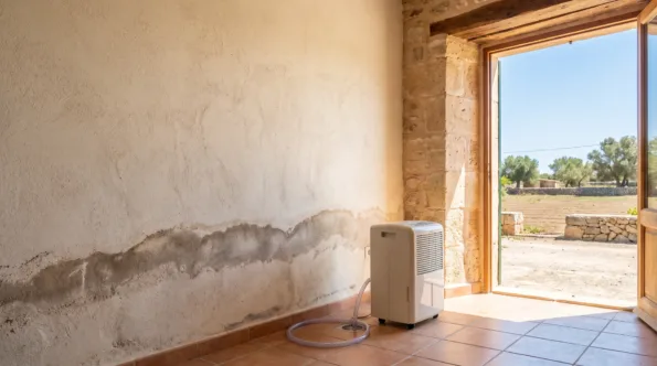 A portable dehumidifier on tiles beside a wall marked by a broad band of rising damp