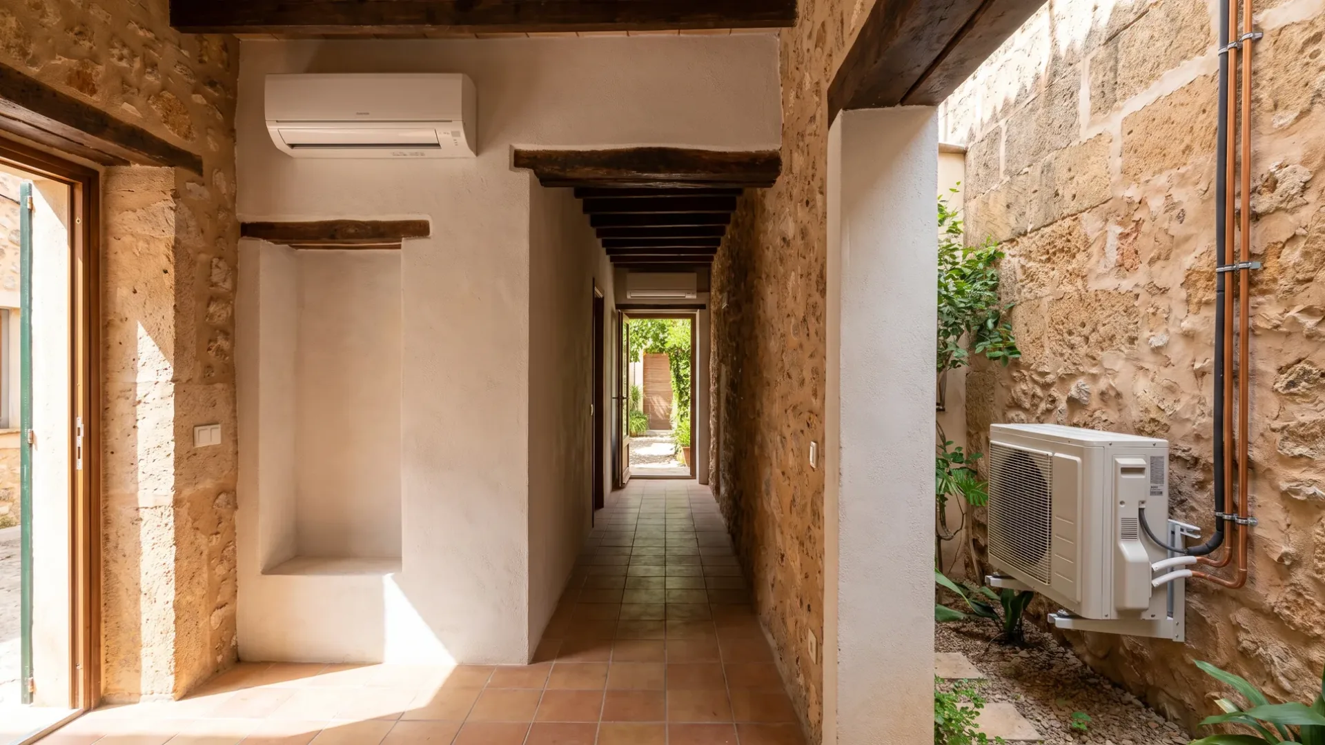 A wall unit at the head of a long tiled passage, a condenser on the wall in the courtyard outside