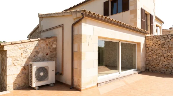 A condenser against a rubble wall on a tiled terrace beside sliding doors and dressed stone