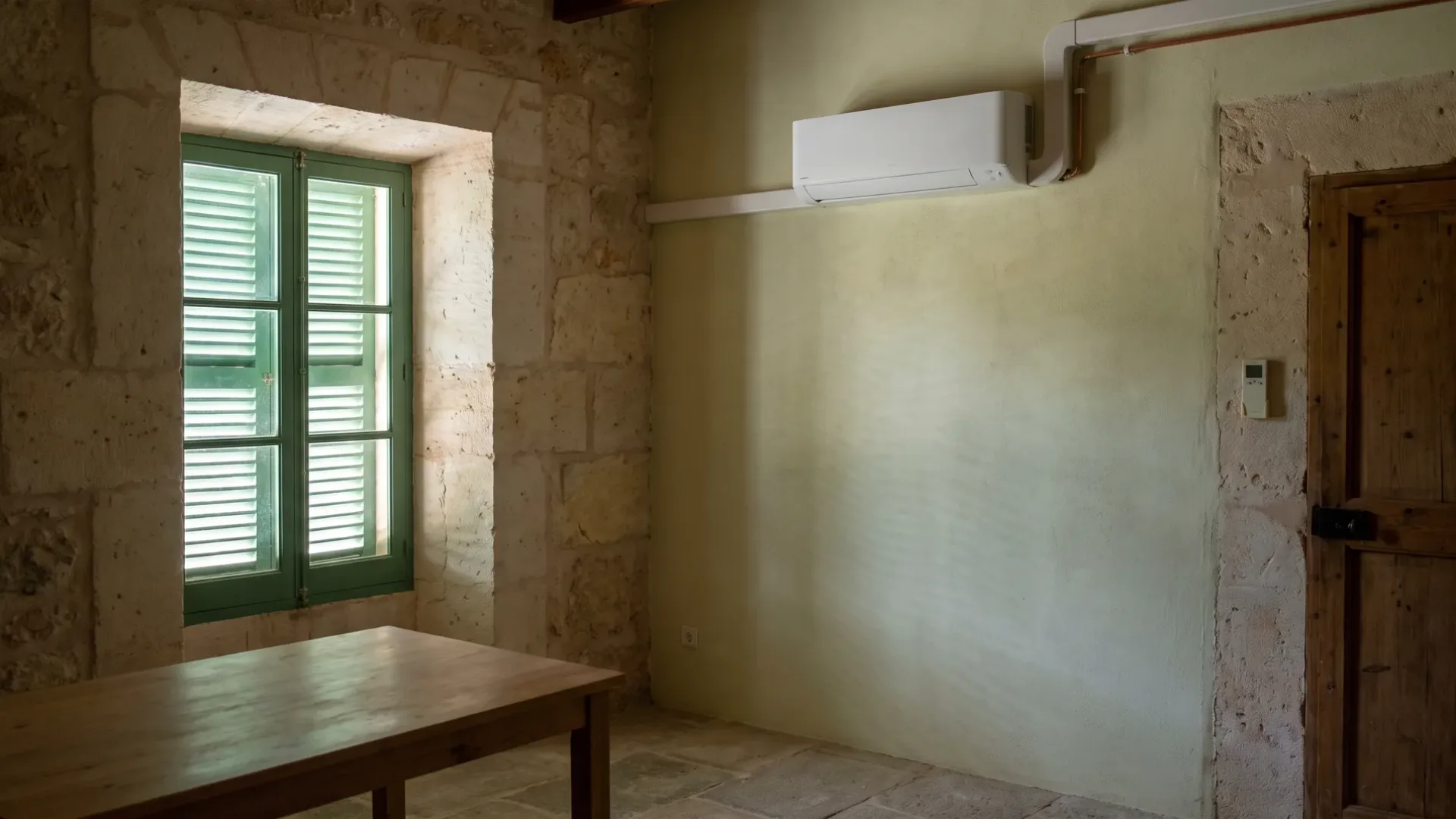 A wall unit on a pale green wall in a plain room with a timber table and a shuttered window