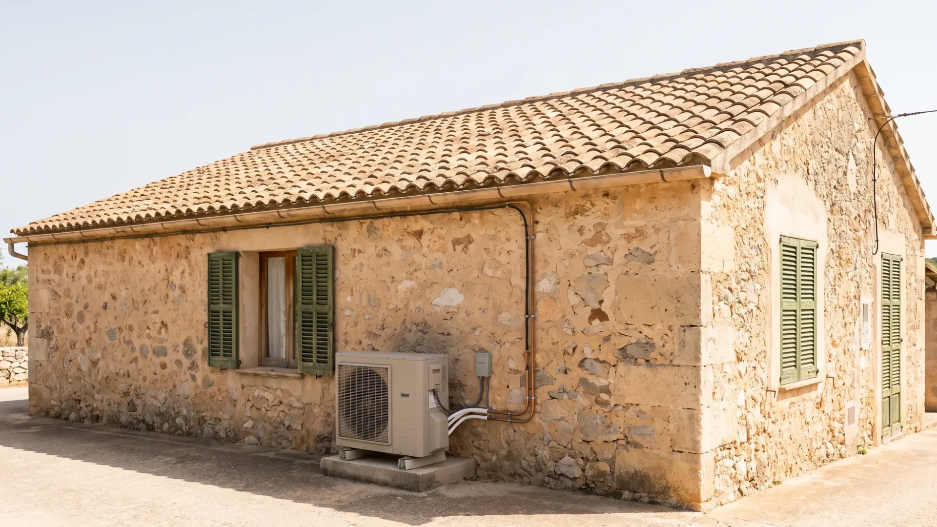 A condenser on a low plinth against a stone farmhouse with shutters closed along its length