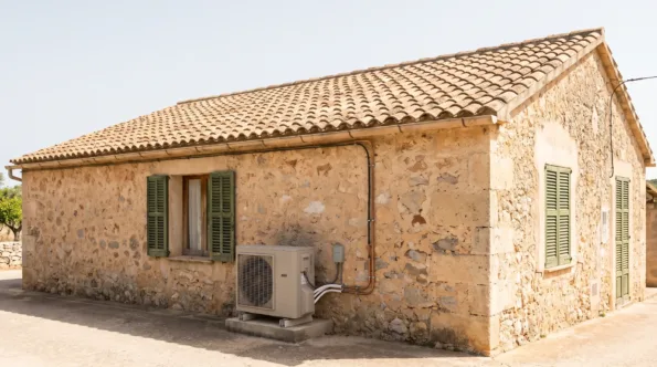 Una unidad exterior sobre una bancada baja contra una finca de piedra con las persianas cerradas a lo largo de toda la fachada