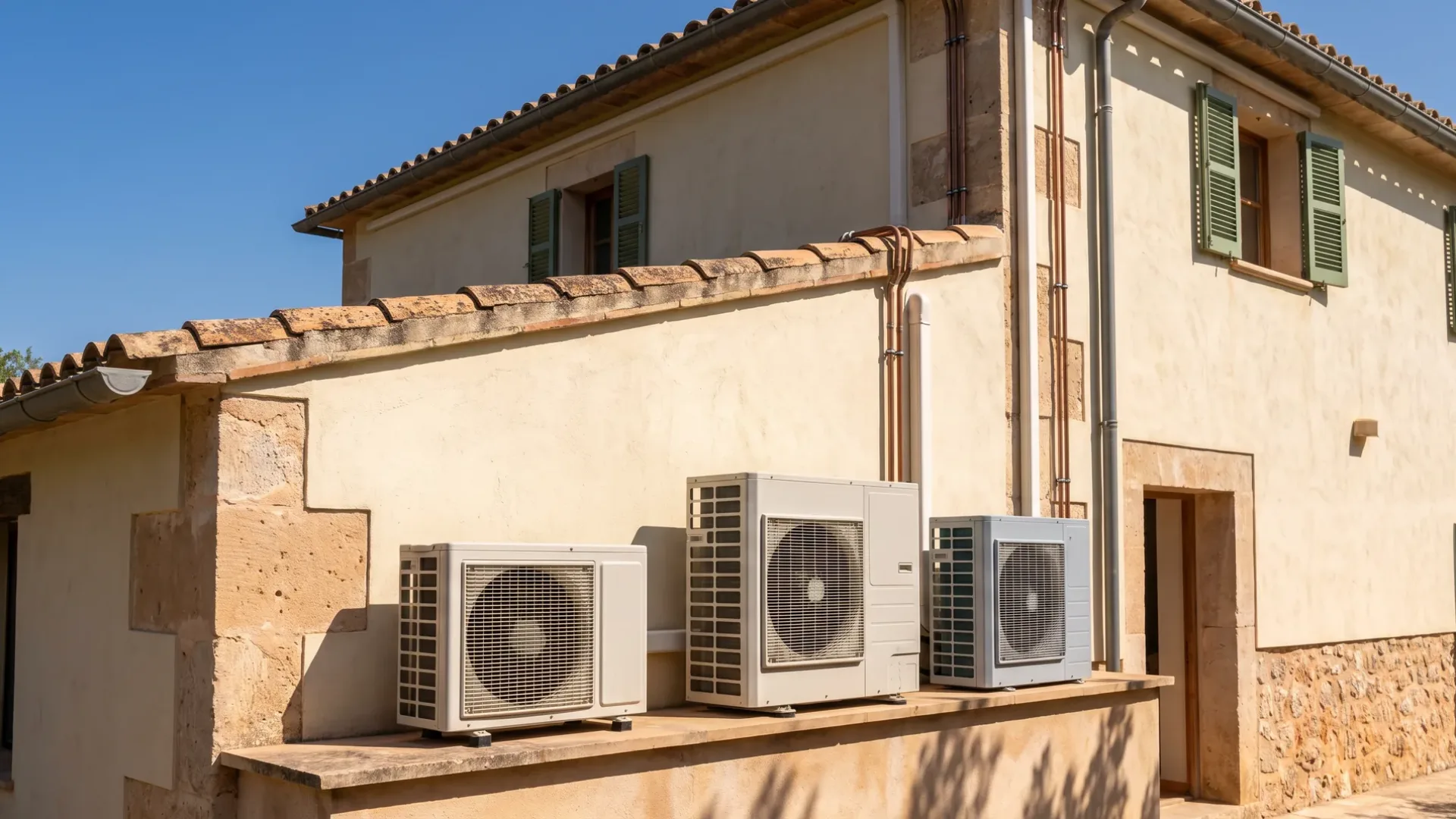 Three condensers of different sizes lined along a rendered ledge below a stone facade