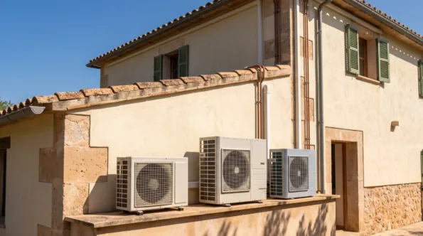 Three condensers of different sizes lined along a rendered ledge below a stone facade