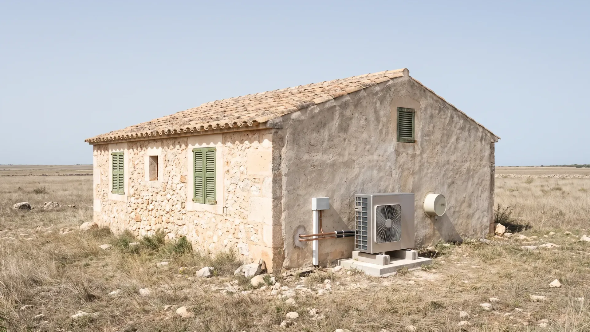 Una unidad exterior sobre una losa de hormigón contra un edificio de piedra aislado en campo llano y abierto