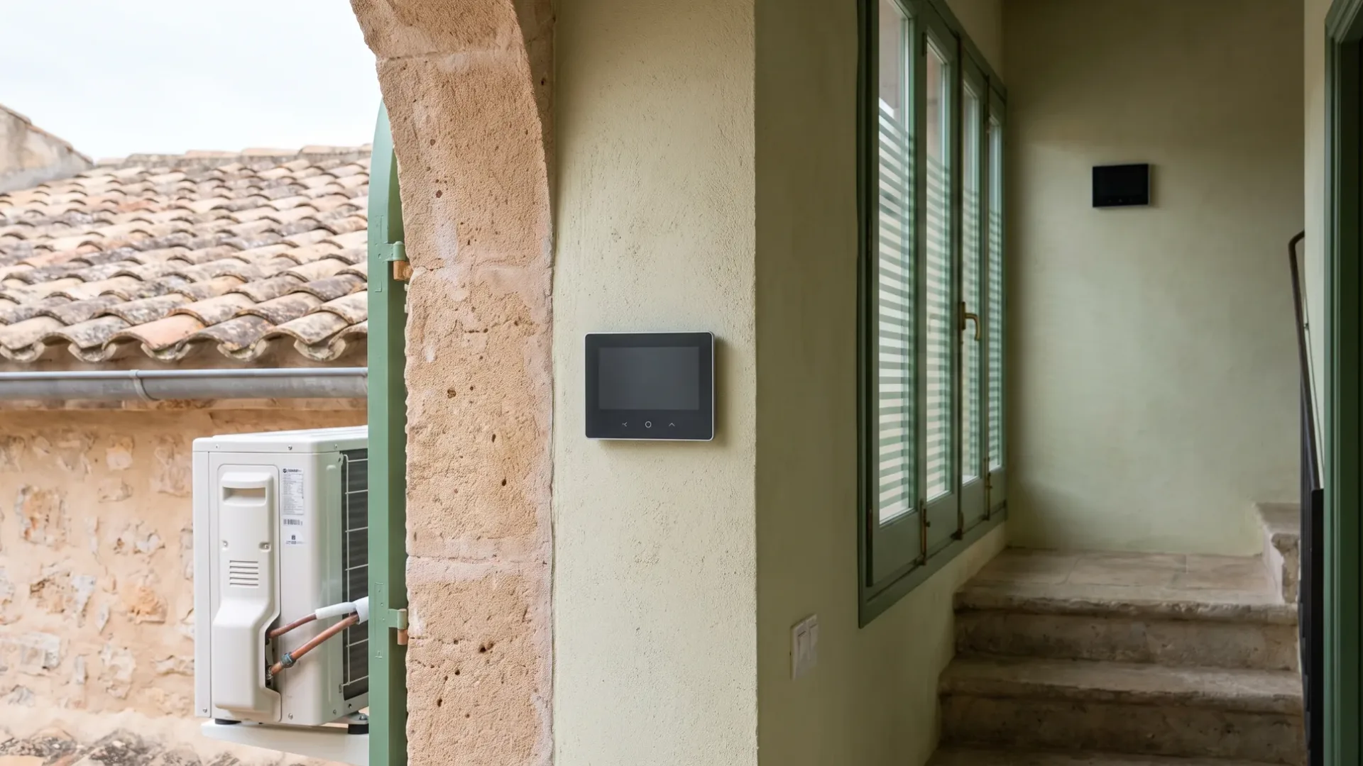 A wall mounted control panel in a rendered loggia, a condenser visible through the stone arch