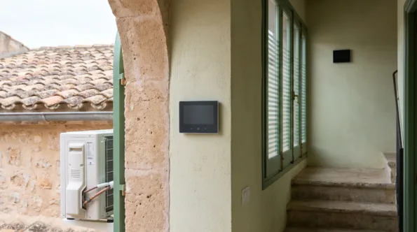 A wall mounted control panel in a rendered loggia, a condenser visible through the stone arch