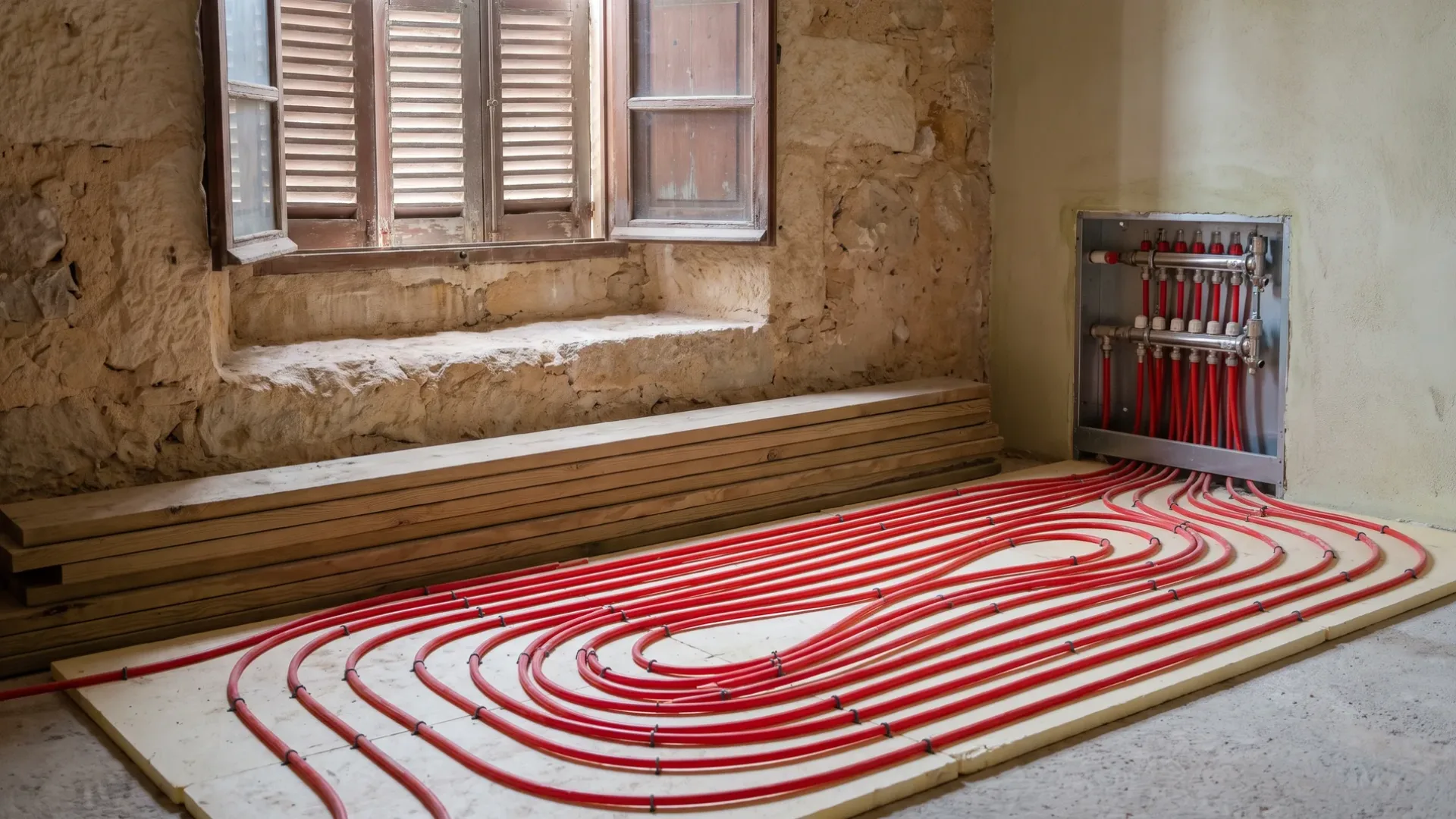 Red heating pipe laid in loops across a floor bay, a manifold recessed in the wall beyond it
