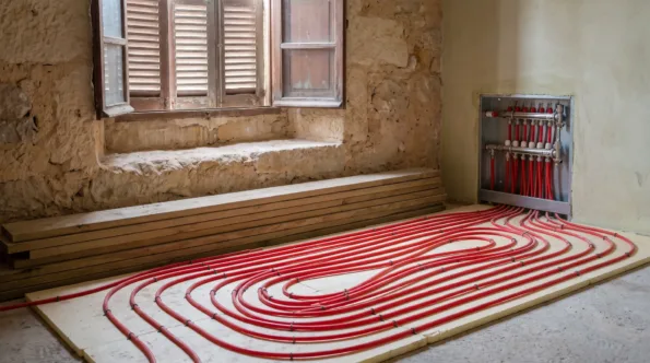 Red heating pipe laid in loops across a floor bay, a manifold recessed in the wall beyond it