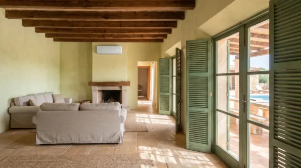 A wall unit in a beamed sitting room with a stone fireplace, shutters open towards a pool