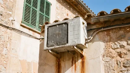 An old condenser corroded on its bracket, rust streaking the render below the clay roof tiles
