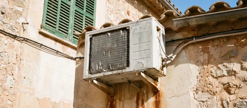 An old condenser corroded on its bracket, rust streaking the render below the clay roof tiles