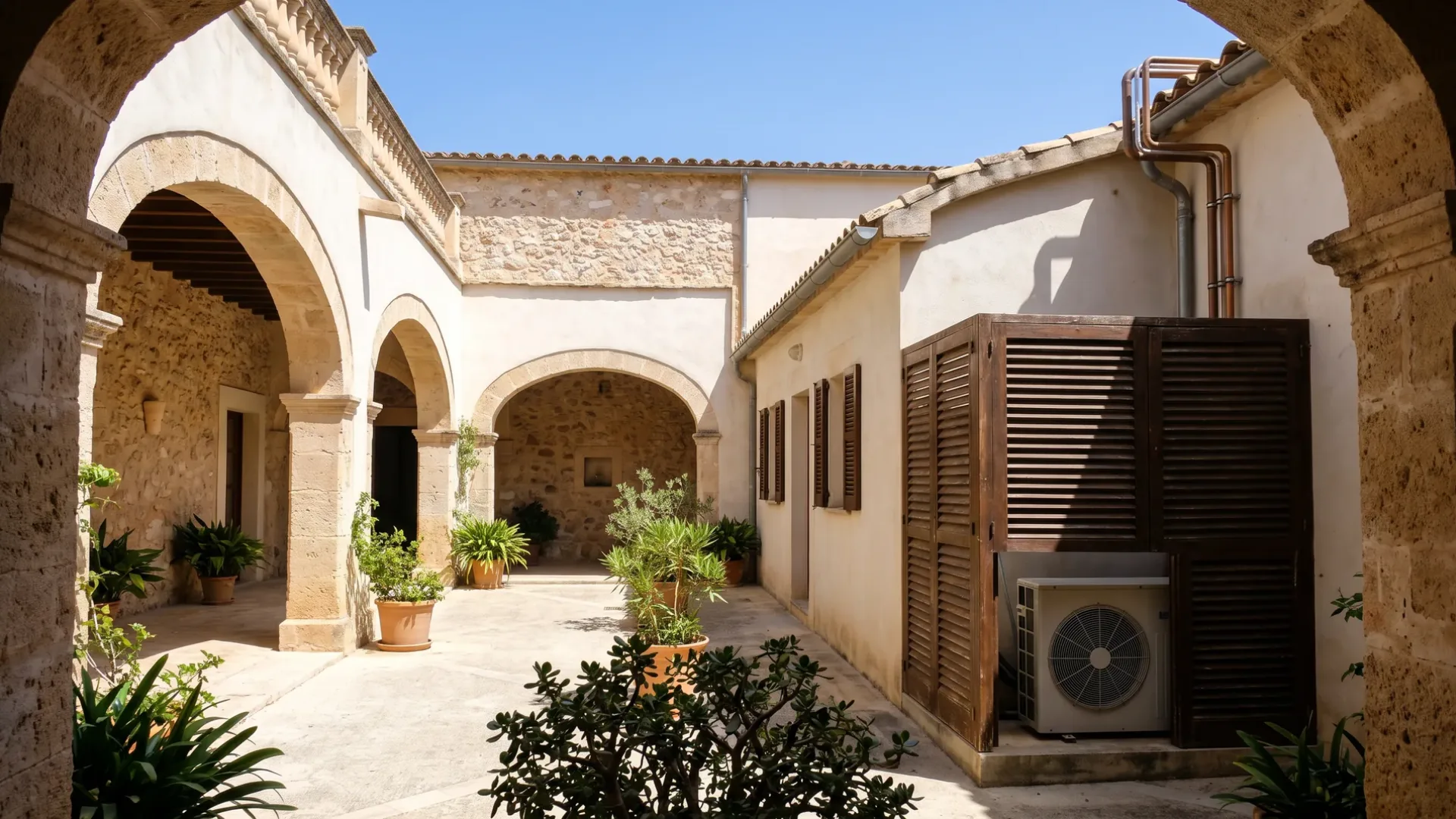 A condenser screened by louvred timber doors in an arcaded courtyard with potted plants