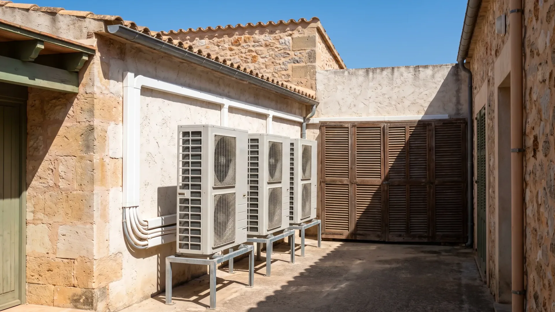 Three outdoor units in a row on steel stands in a narrow courtyard, lagged pipework curving into the wall