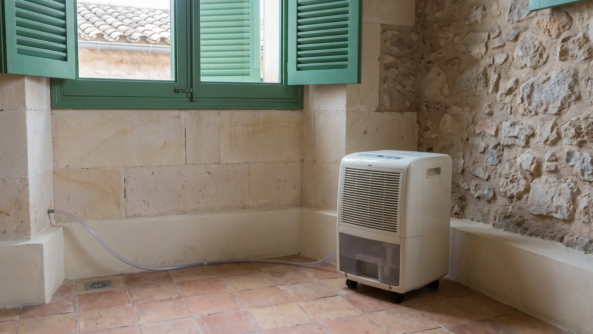 A portable dehumidifier with its water tank on terracotta tiles, a clear hose run across the floor to a drain