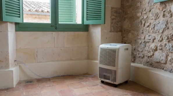 A portable dehumidifier with its water tank on terracotta tiles, a clear hose run across the floor to a drain