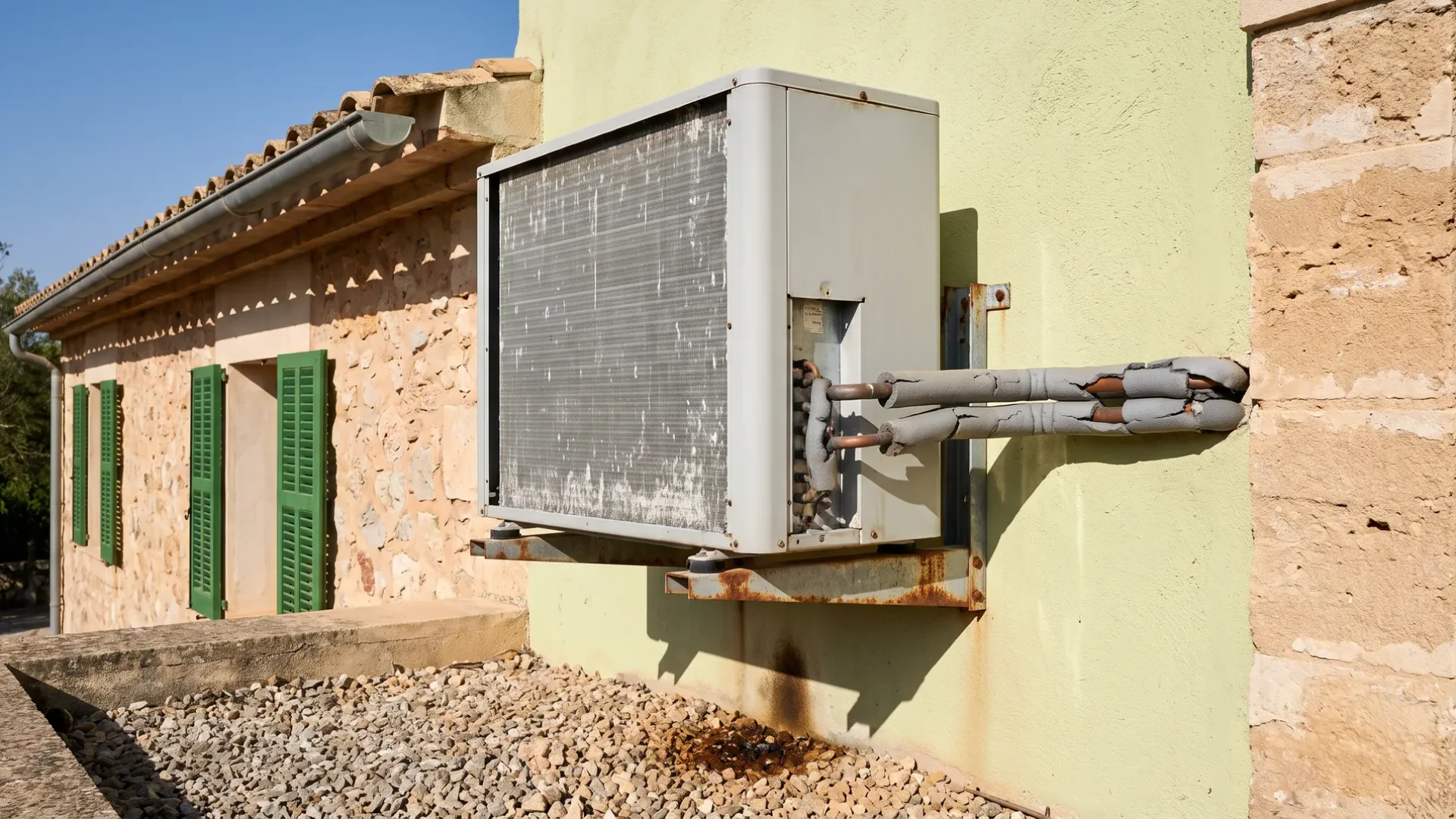 An ageing condenser on a rusted wall bracket, its coil stained and rust bleeding down the render below