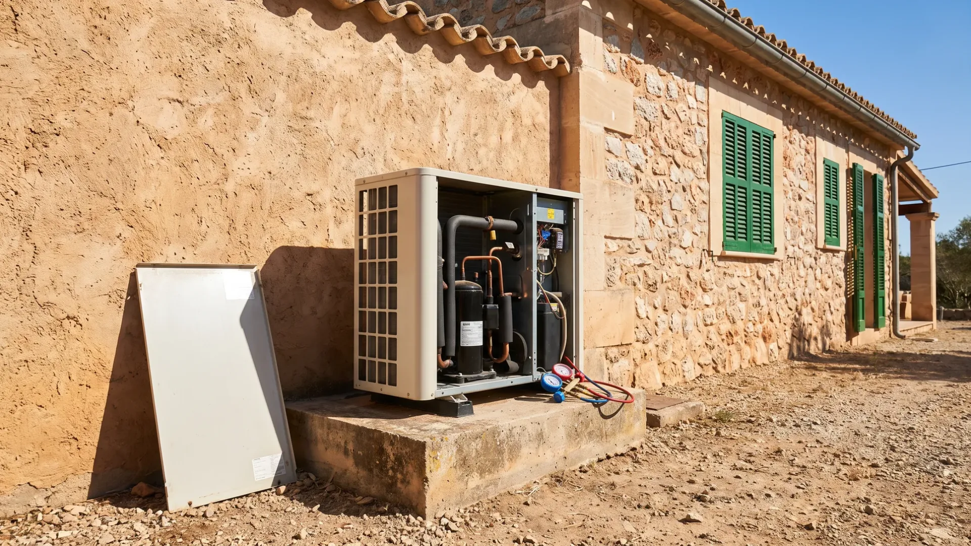 A heat pump opened on its plinth, casing panel propped alongside and a gauge set with hoses on the slab