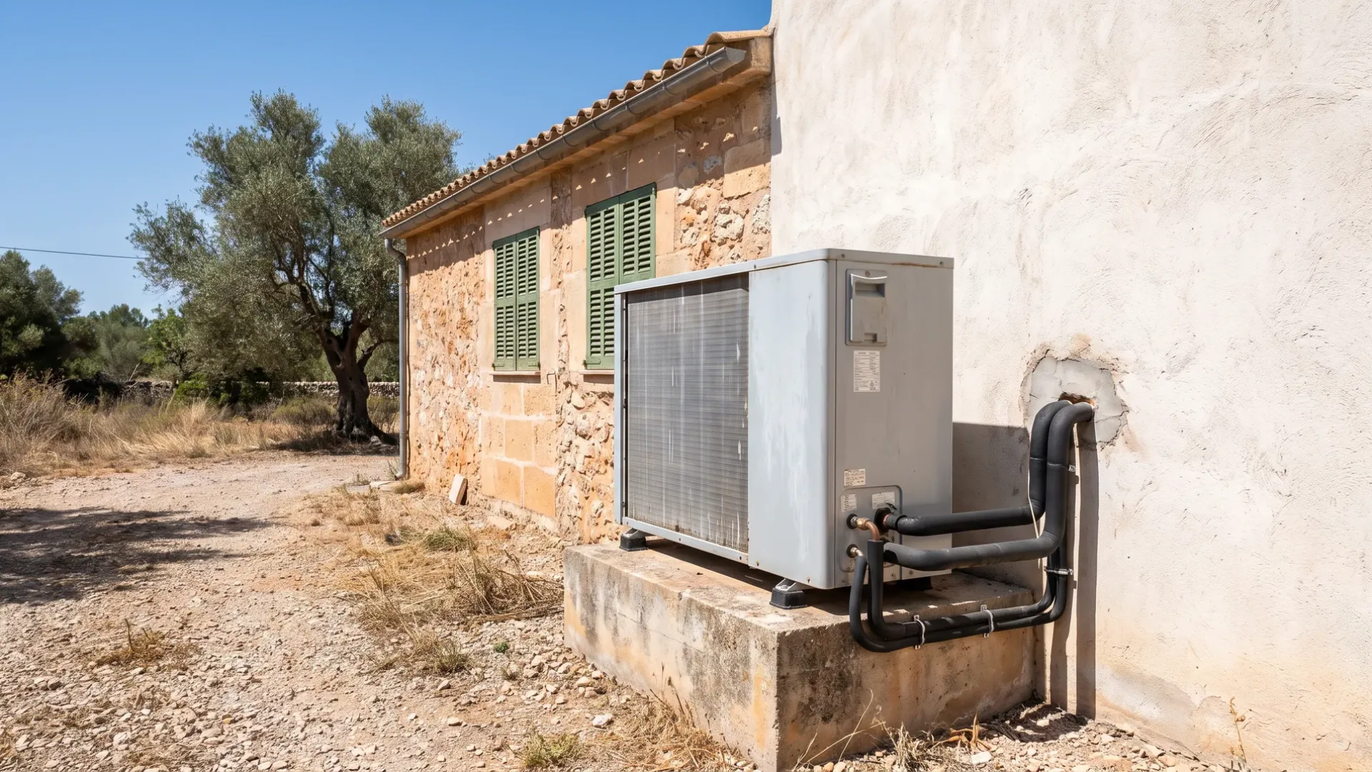 A tall grey heat pump on a concrete plinth, lagged pipes looping from its connections into a rendered wall
