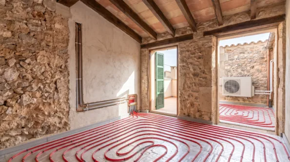 Red underfloor loops clipped over insulation in a stripped stone room, a manifold and pipe rising on the wall
