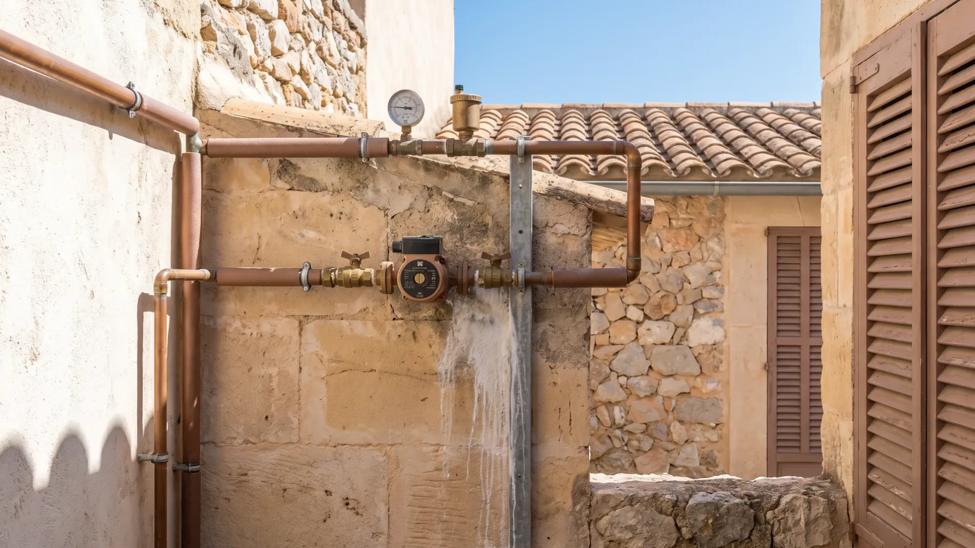 Copper pipework with a pressure gauge, pump and valves on a stone wall, a mineral streak below the fitting