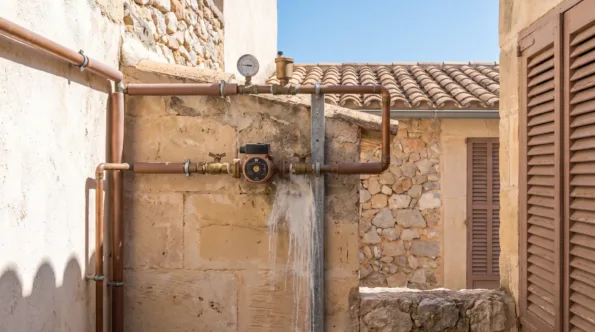 Copper pipework with a pressure gauge, pump and valves on a stone wall, a mineral streak below the fitting