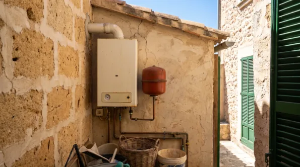 An old cream wall-hung boiler with its flue elbow and a red expansion vessel on a worn stone wall