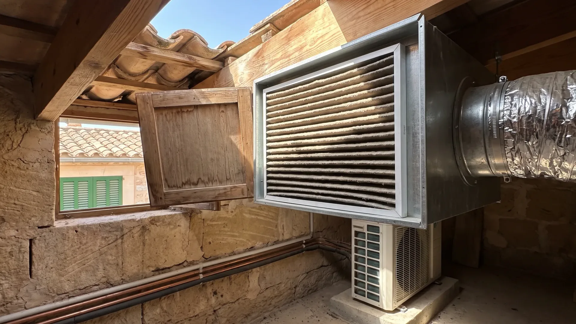 A duct-mounted filter box in a roof space, its pleated filter dark with dust and flexible duct on the outlet