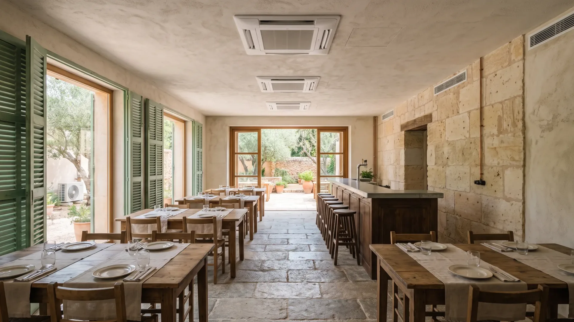 Three ceiling cassettes in a row above laid tables and a bar, shutters standing open to a terrace beyond
