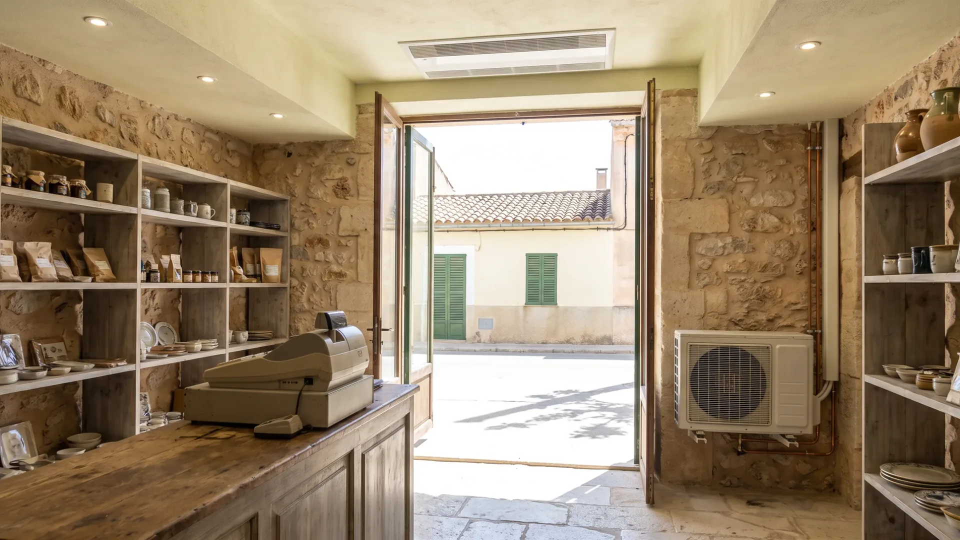 A ceiling cassette above a shop counter and pottery shelves, the door standing open onto a sunlit street