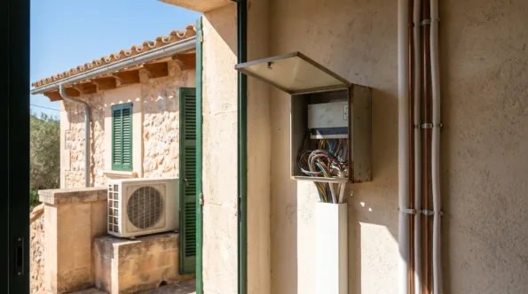Una caja de control abierta en un muro revocado, cableado de colores bajando a una canaleta junto a tuberías de cobre