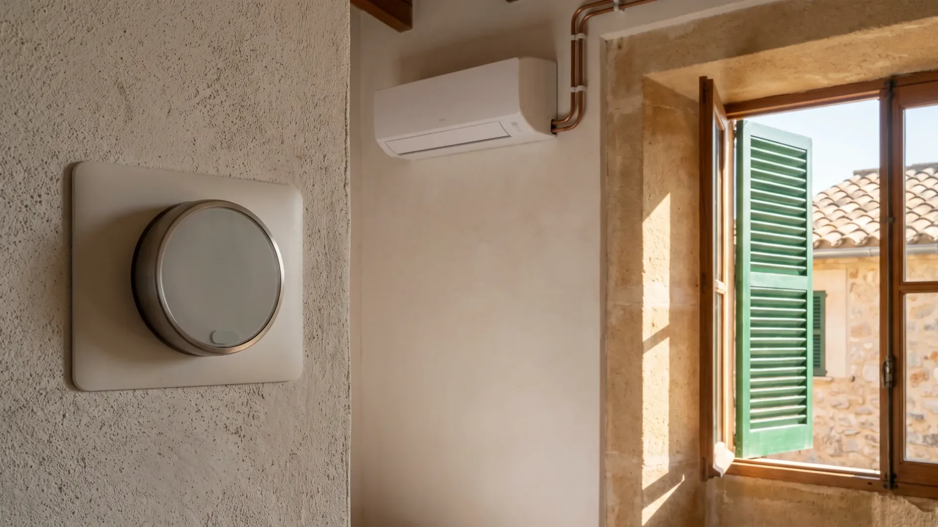 A round wall thermostat on a square plate, a wall unit and its copper pipe beyond an open shuttered window
