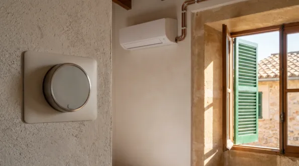 A round wall thermostat on a square plate, a wall unit and its copper pipe beyond an open shuttered window