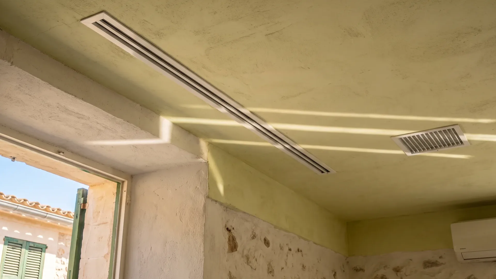 A long linear diffuser and a square grille in a pale ceiling, banded sunlight lying across the plaster