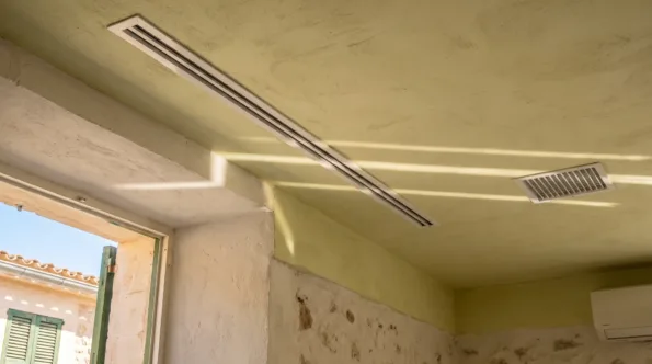 A long linear diffuser and a square grille in a pale ceiling, banded sunlight lying across the plaster