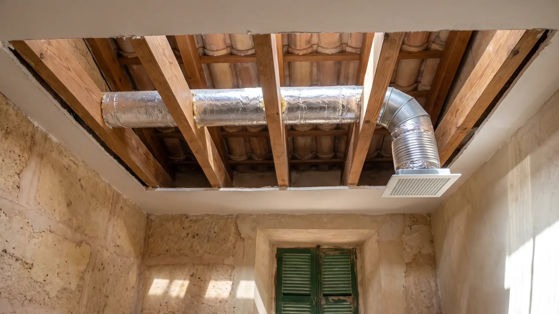 Insulated ducting between joists in an opened ceiling, an elbow dropping into a square ceiling grille