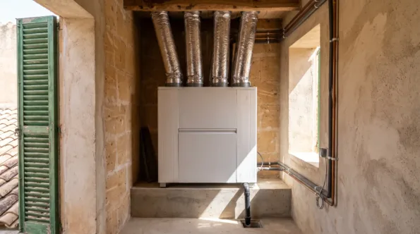 A white heat recovery unit on a plinth in a stone alcove, four insulated ducts rising from it to the ceiling