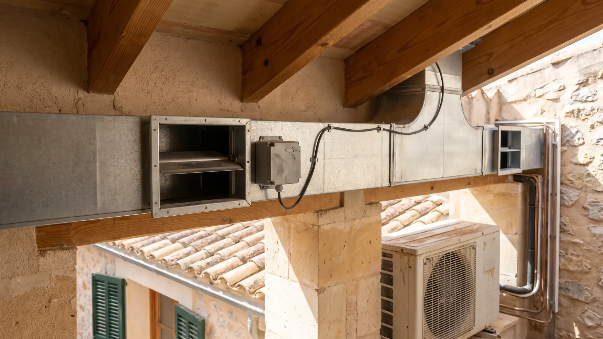 Rectangular duct take-offs under exposed beams, one open with damper blades and a wired control box beside